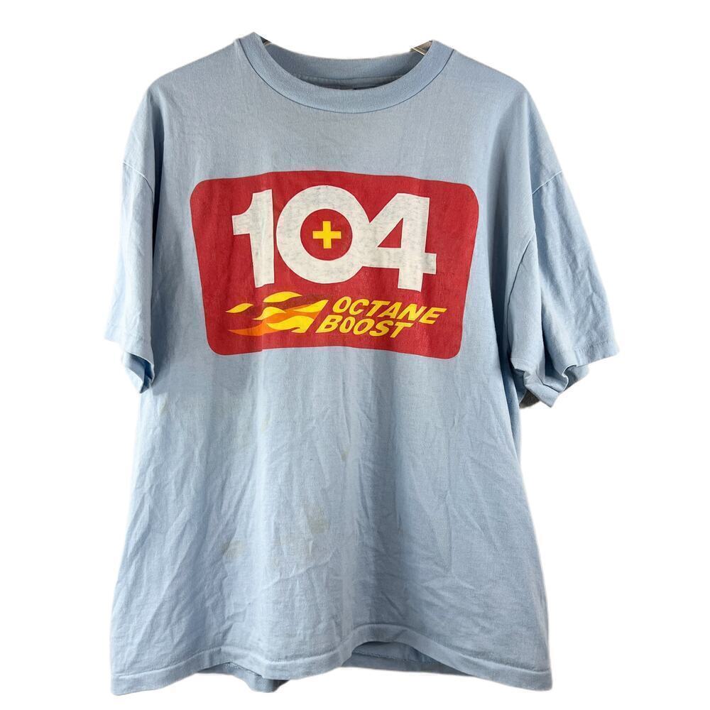 Vintage 90s Kick-Gas Fuel‎ 104+ Octane Boost Mens T-Shirt Baby Blue Size XL